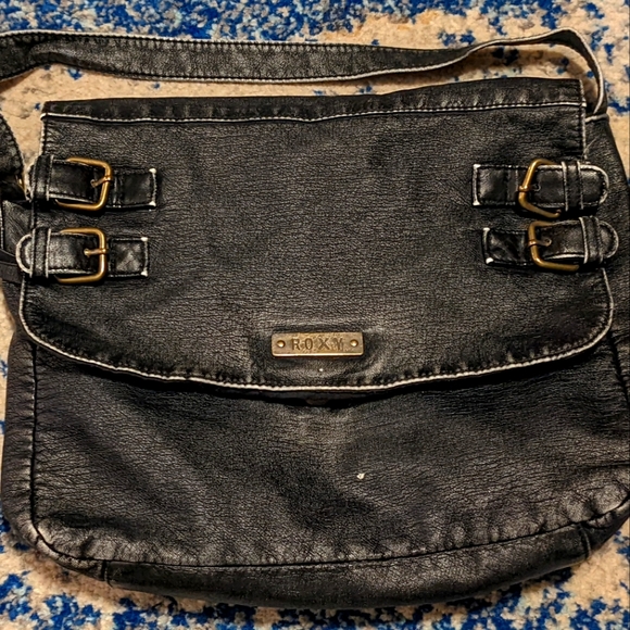 Roxy black faux leather distressed purse with buckles. - Picture 1 of 8
